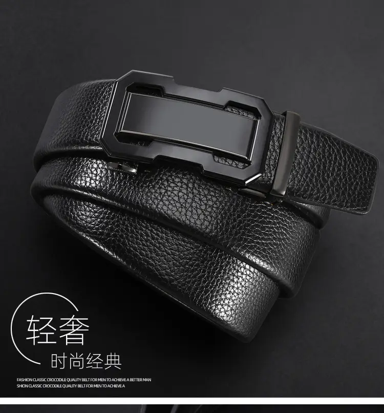 Men's Black Cowhide Belt with Automatic Buckle — feature 1