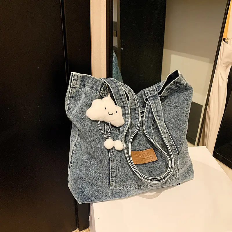 Women Denim Tote Bag with Cloud Decor 2024 - Image 14