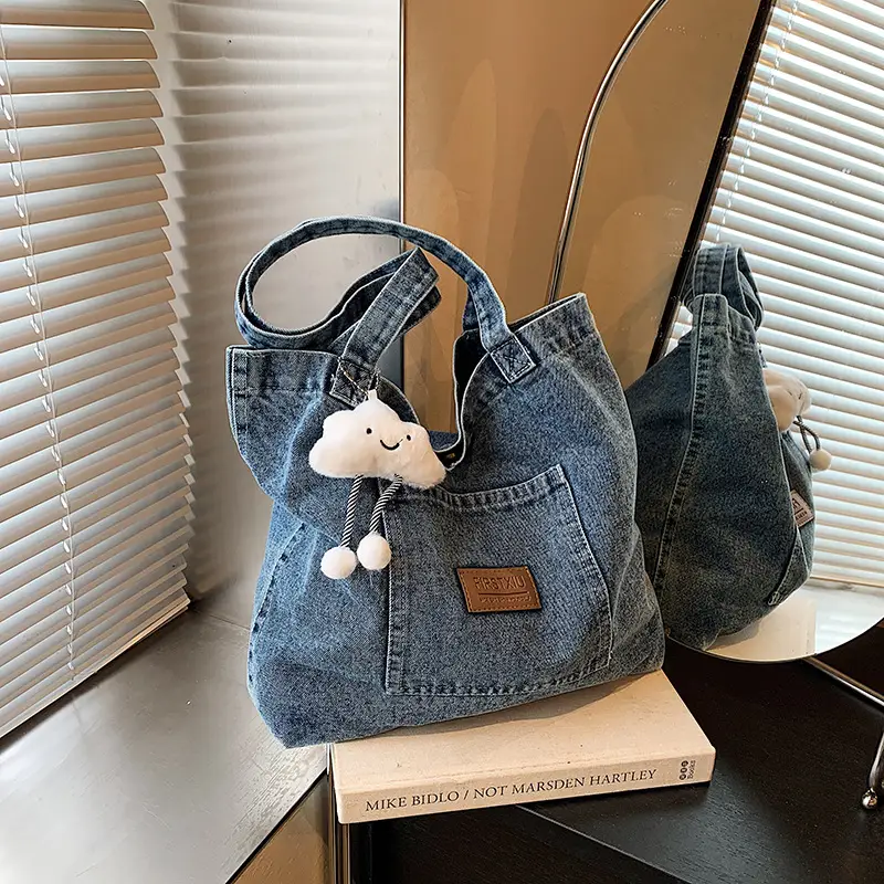 Women Denim Tote Bag with Cloud Decor 2024 - Image 15