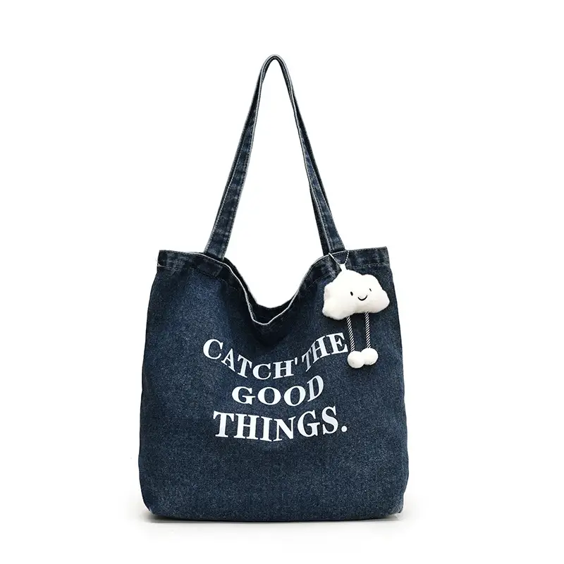 Women Denim Tote Bag with Cloud Decor 2024 - Image 3