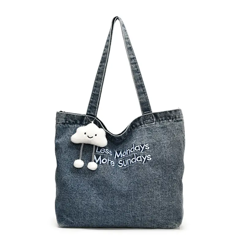 Women Denim Tote Bag with Cloud Decor 2024 - Image 5