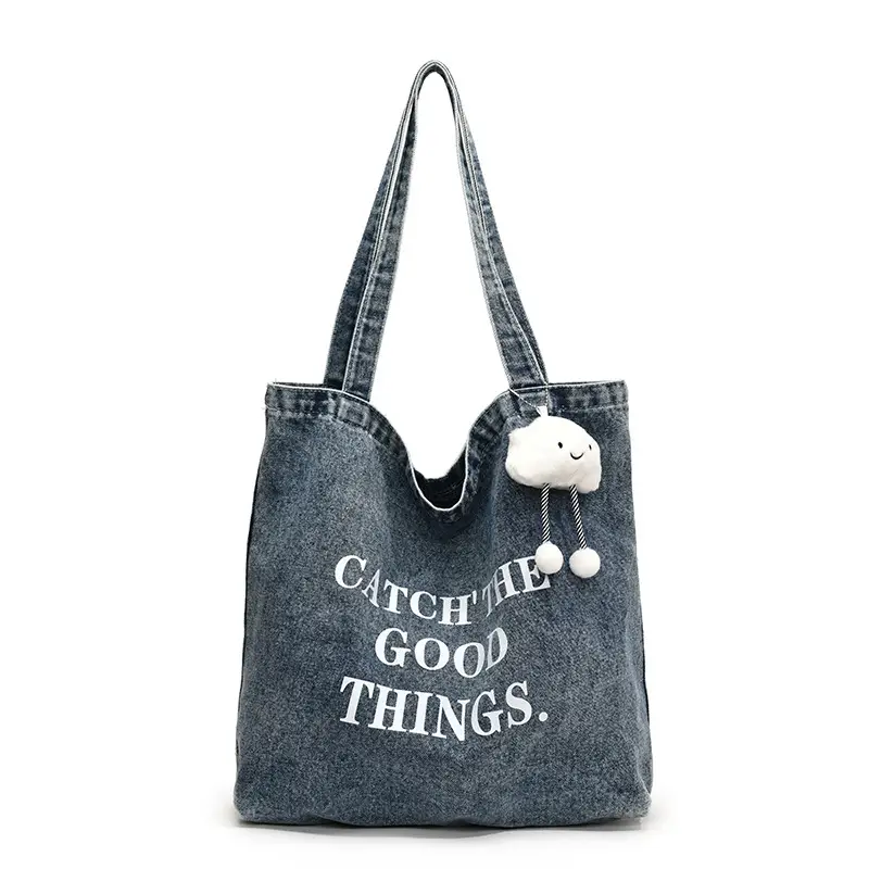 Women Denim Tote Bag with Cloud Decor 2024 - Image 6