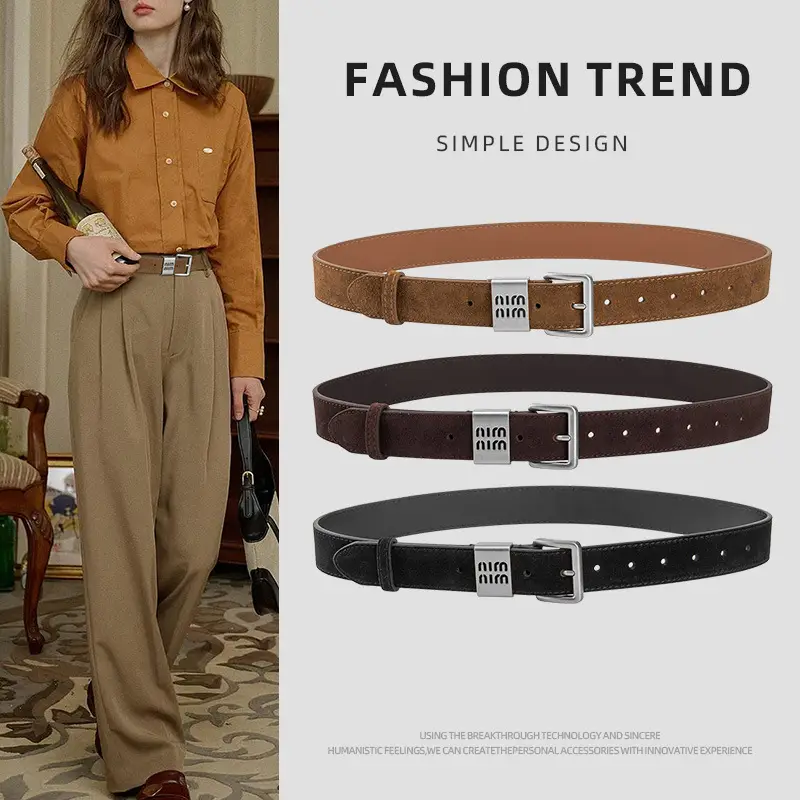 Women's Coffee Leather Belt with Anti-Velvet Buckle