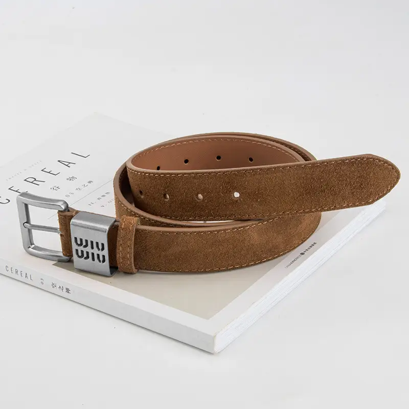 Women's Coffee Leather Belt with Anti-Velvet Buckle