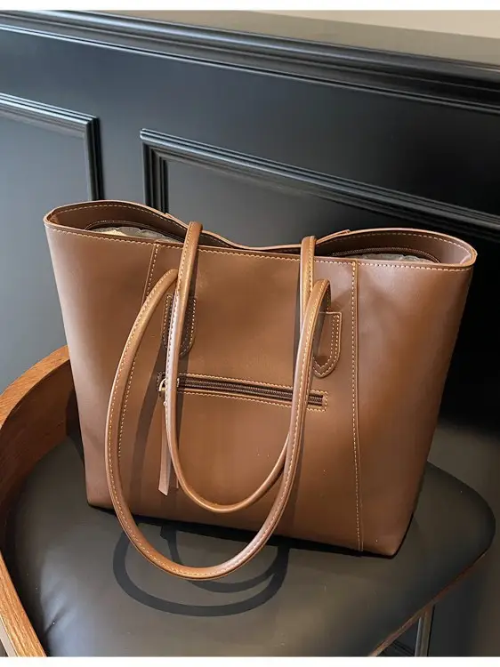 Women's Large Capacity Tan Leather Tote Bag - Image 11