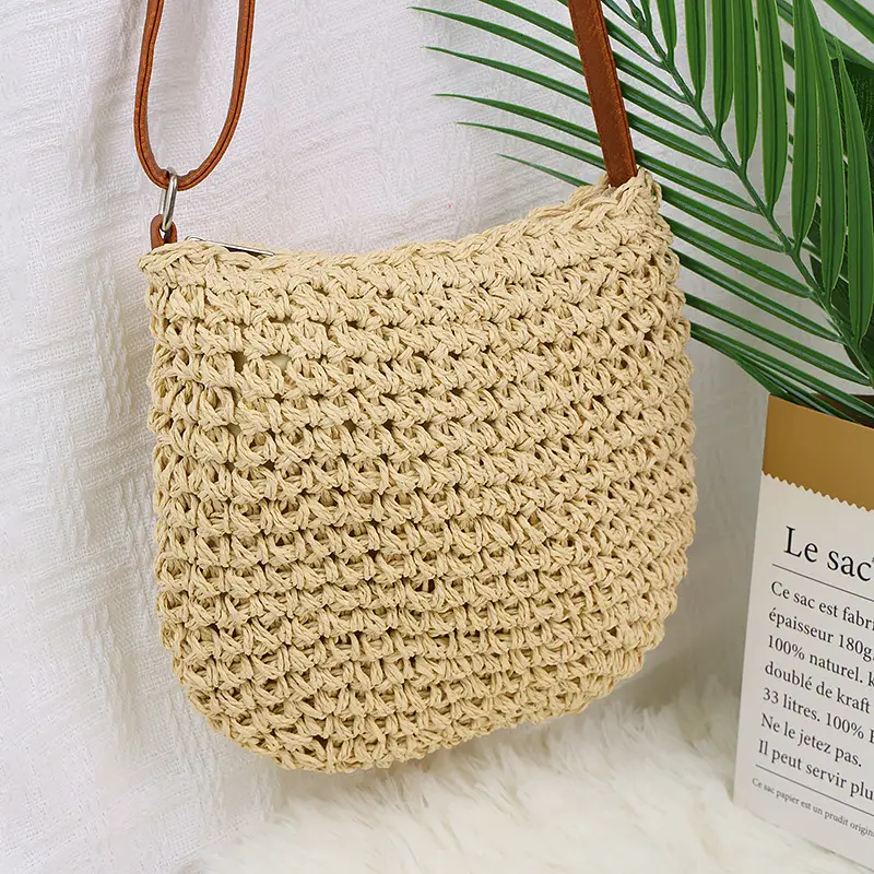 Japanese Straw Shoulder Bag Zipper Mori Handmade - Image 5