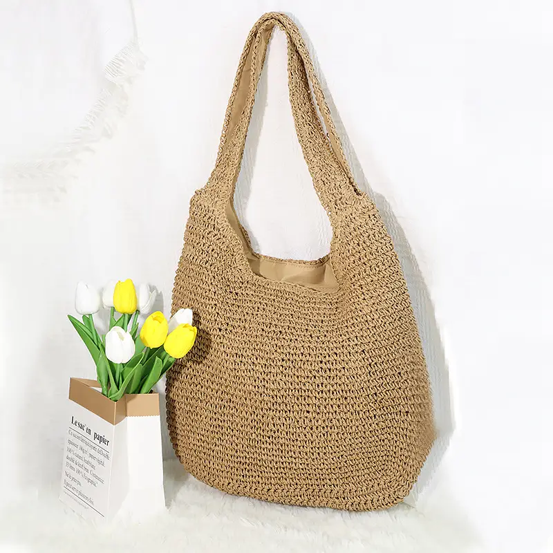 New Forest Style One-Shoulder Cross-Body Straw Bag, 37x34cm Beige - Image 2