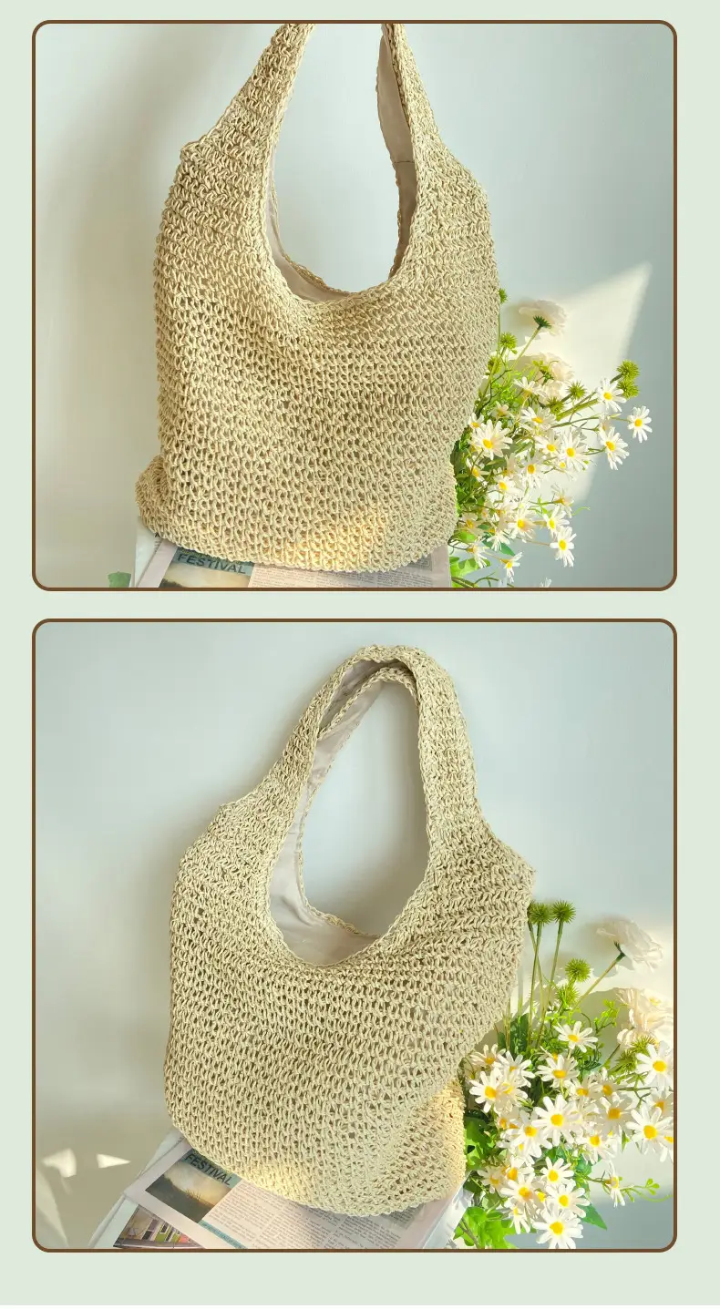 New Forest Style One-Shoulder Cross-Body Straw Bag, 37x34cm Beige — feature 10