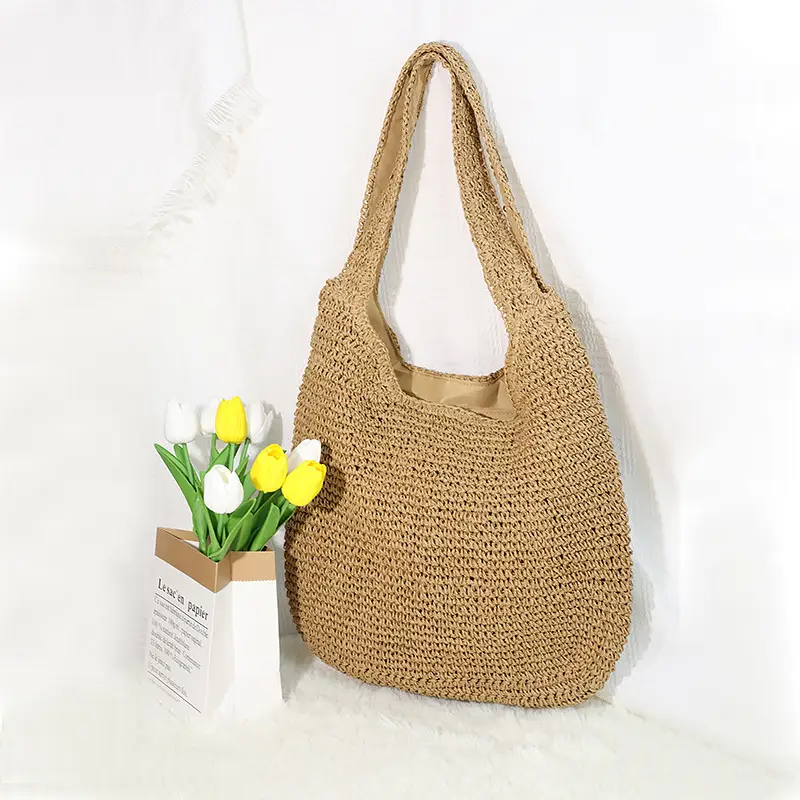 New Forest Style One-Shoulder Cross-Body Straw Bag, 37x34cm Beige — feature 12
