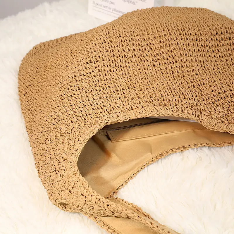 New Forest Style One-Shoulder Cross-Body Straw Bag, 37x34cm Beige — feature 13