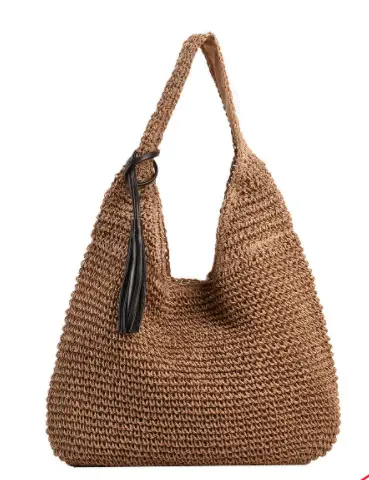 New Forest Style One-Shoulder Cross-Body Straw Bag, 37x34cm Beige — feature 14