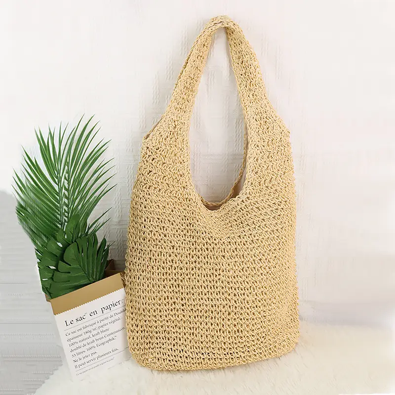 New Forest Style One-Shoulder Cross-Body Straw Bag, 37x34cm Beige — feature 16
