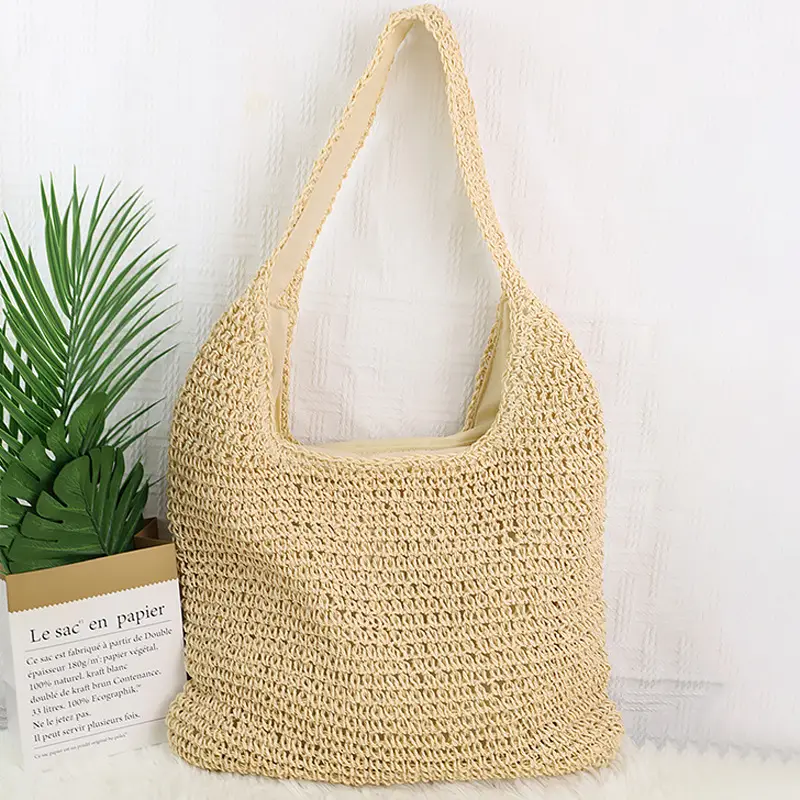 New Forest Style One-Shoulder Cross-Body Straw Bag, 37x34cm Beige — feature 18