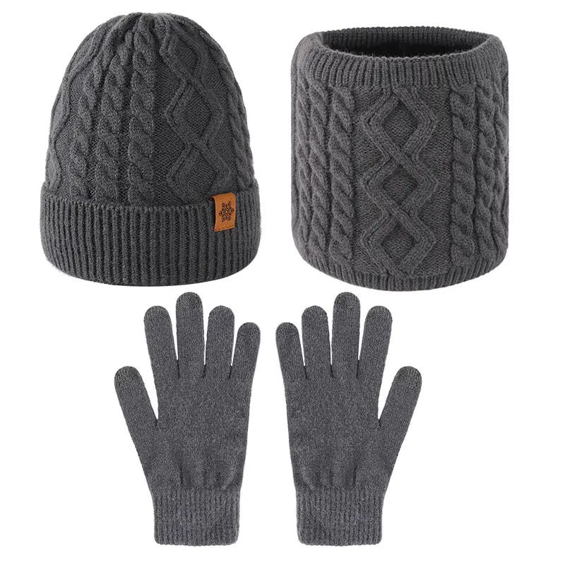 Knitted Hat Men's Winter fleece-lined Thickened Gloves Hat Scarf Three-piece Set Outdoor Riding Wool Knitted Hat