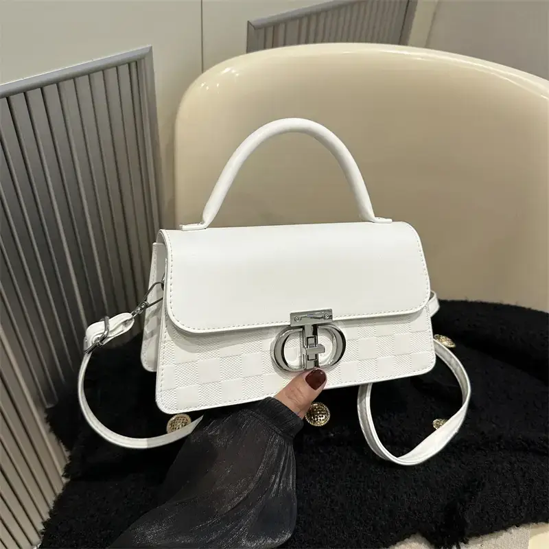 White Textured Lock Shoulder Bag for Women - Image 7