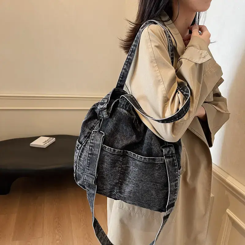 Women's Washable Blue Denim Shoulder Bag Large Capacity - Image 4