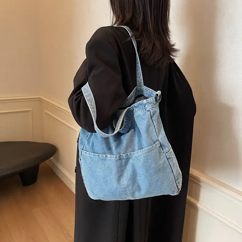 Women's Washable Blue Denim Shoulder Bag Large Capacity - Image 5