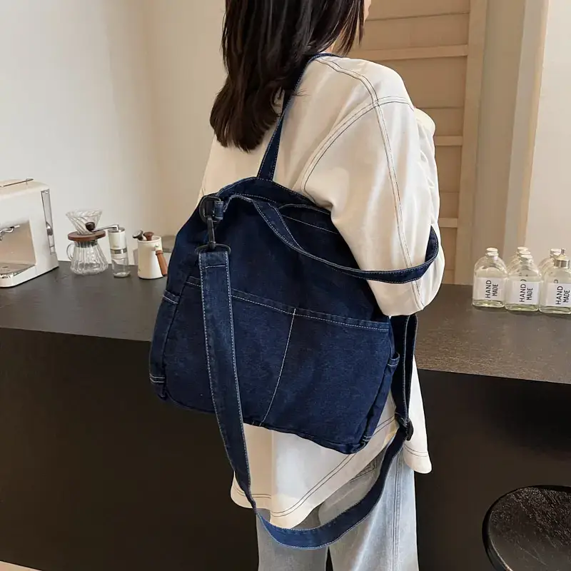 Women's Washable Blue Denim Shoulder Bag Large Capacity - Image 6
