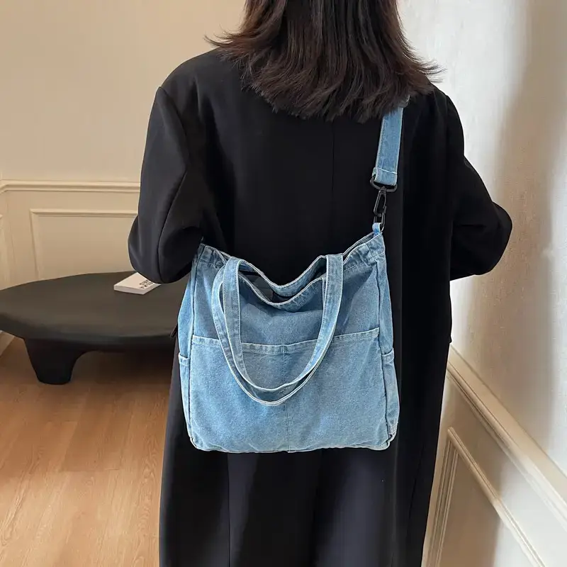 Women's Washable Blue Denim Shoulder Bag Large Capacity - Image 7
