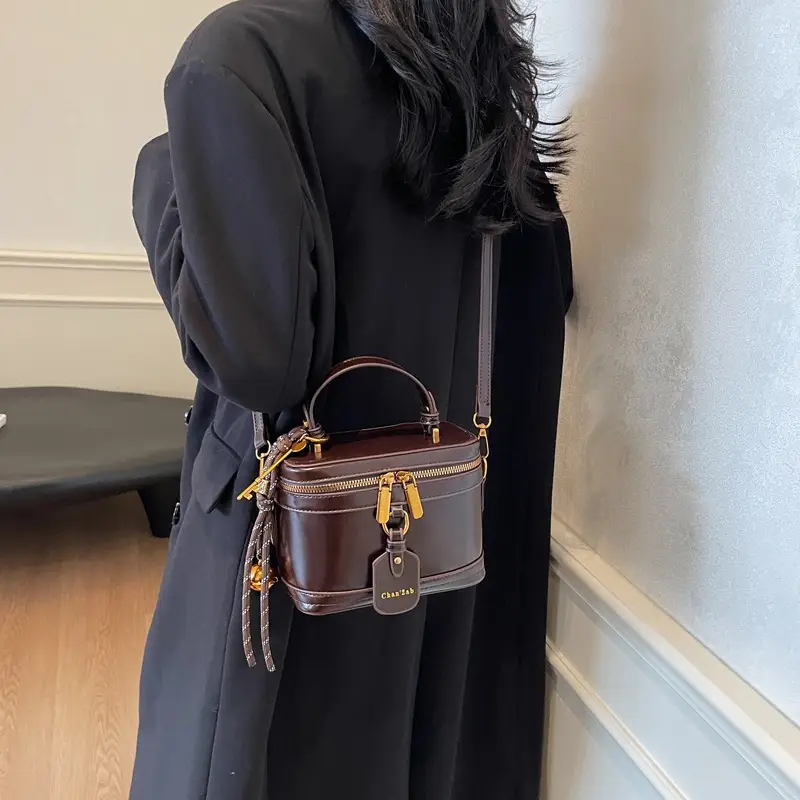 Women Satchel Box Bag Brown Leather 2025 New Korean Style - Image 3