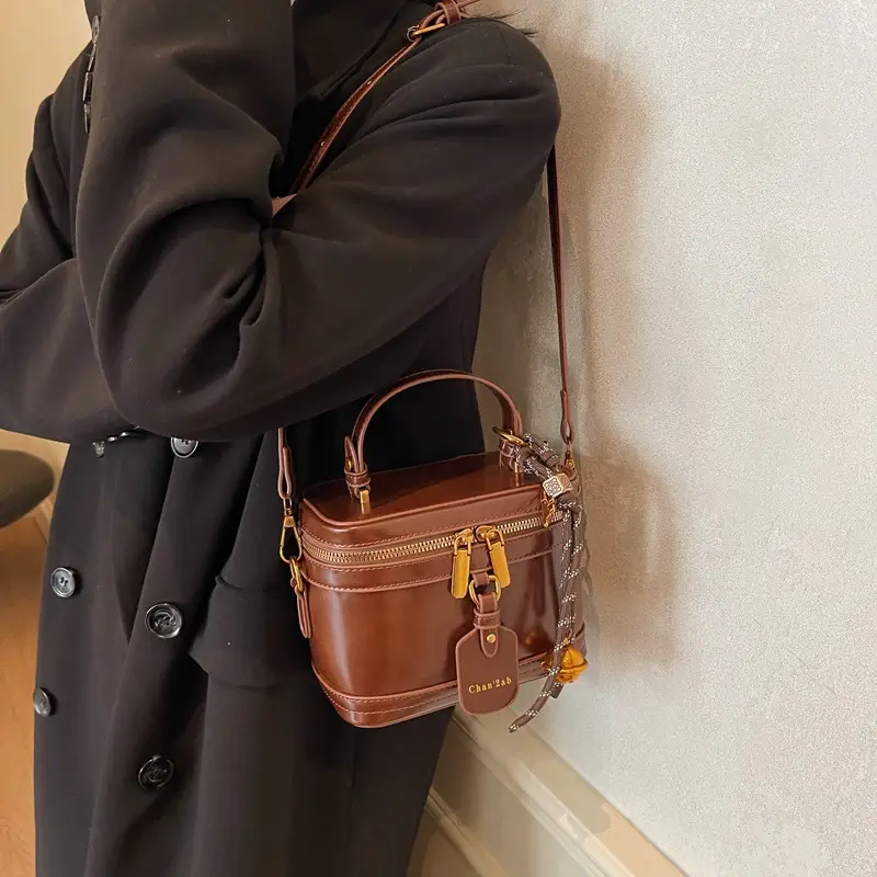 Women Satchel Box Bag Brown Leather 2025 New Korean Style - Image 4