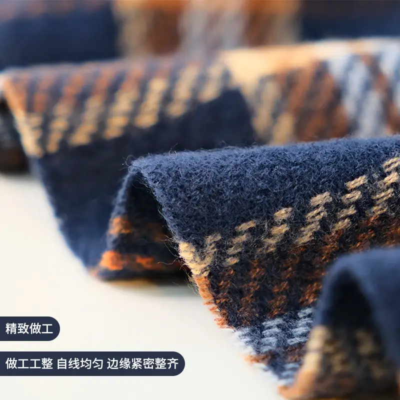 Winter Plaid Scarf Dark Blue Cashmere Tassel - Image 8