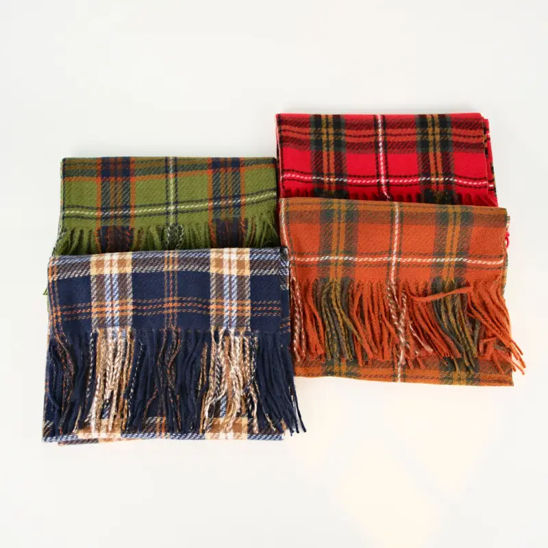 Winter Plaid Scarf Dark Blue Cashmere Tassel - Image 10