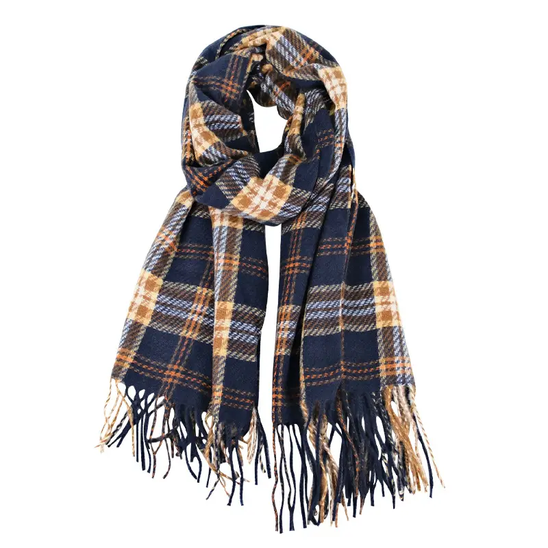 Winter Plaid Scarf Dark Blue Cashmere Tassel - Image 11