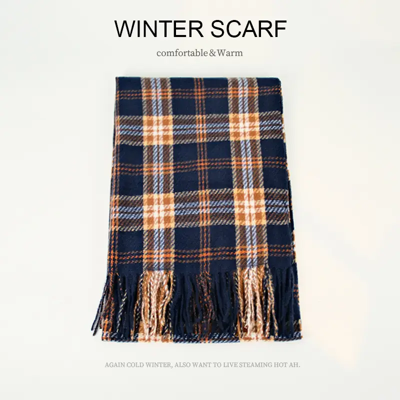 Winter Plaid Scarf Dark Blue Cashmere Tassel