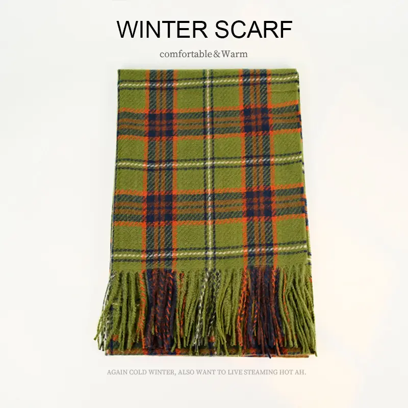 Winter Plaid Scarf Dark Blue Cashmere Tassel - Image 2