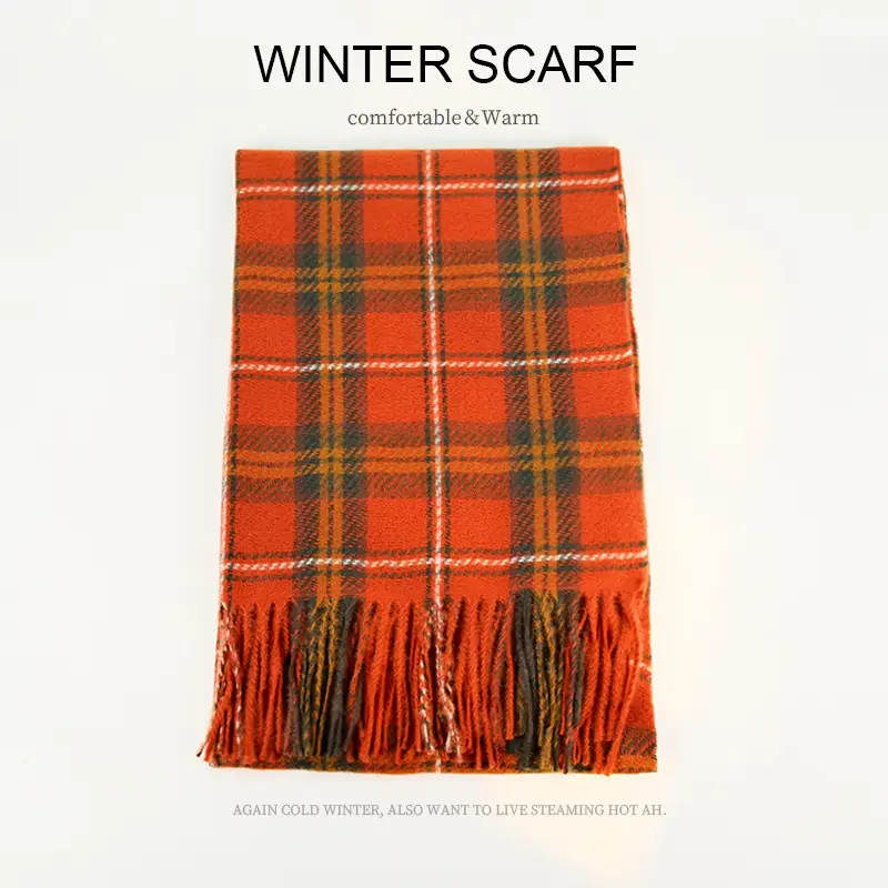 Winter Plaid Scarf Dark Blue Cashmere Tassel - Image 3