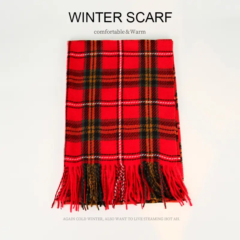 Winter Plaid Scarf Dark Blue Cashmere Tassel - Image 4