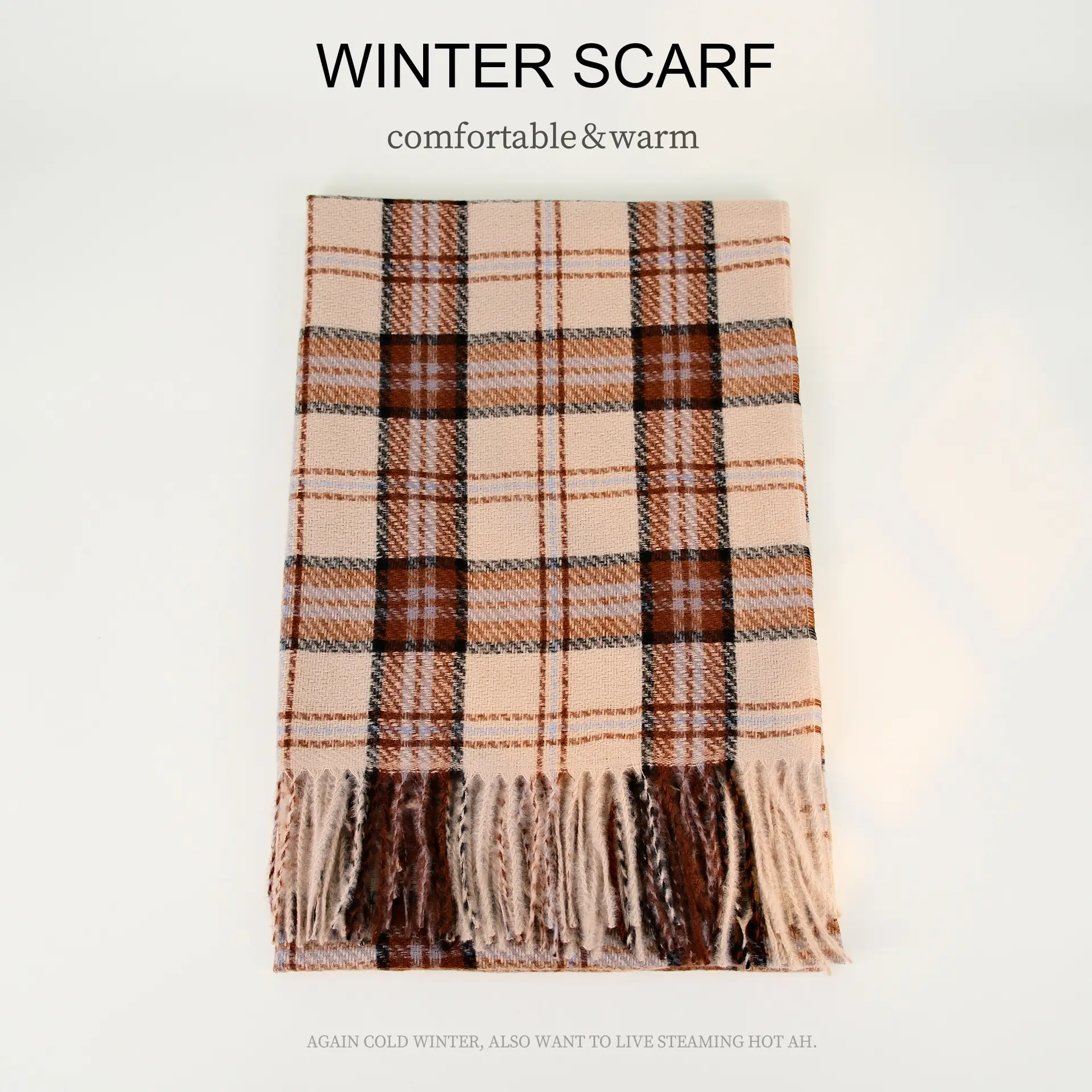 Winter Plaid Scarf Dark Blue Cashmere Tassel - Image 5