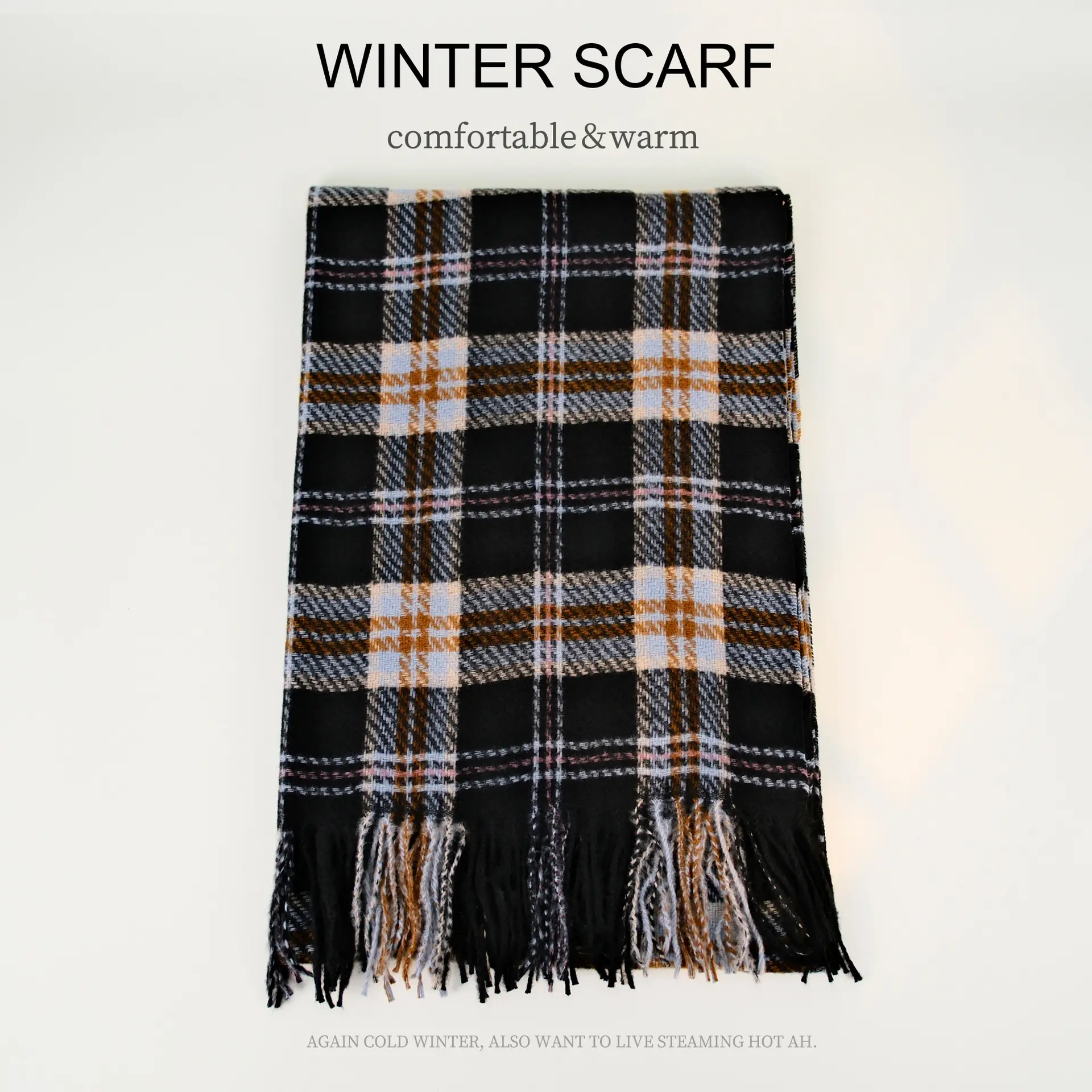Winter Plaid Scarf Dark Blue Cashmere Tassel - Image 6