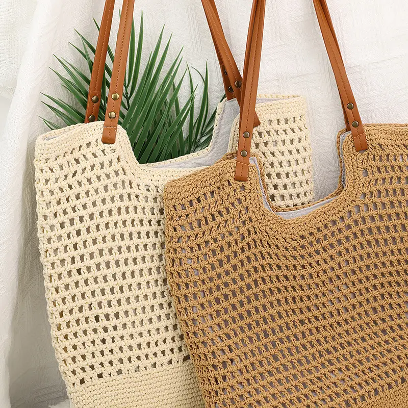 Cotton Thread Cut Out One Shoulder Bag Lazy Style Satchel Beach Bag - Image 4