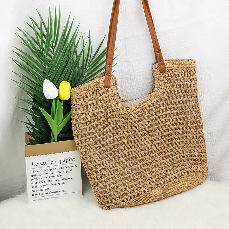 Cotton Thread Cut Out One Shoulder Bag Lazy Style Satchel Beach Bag - Image 2