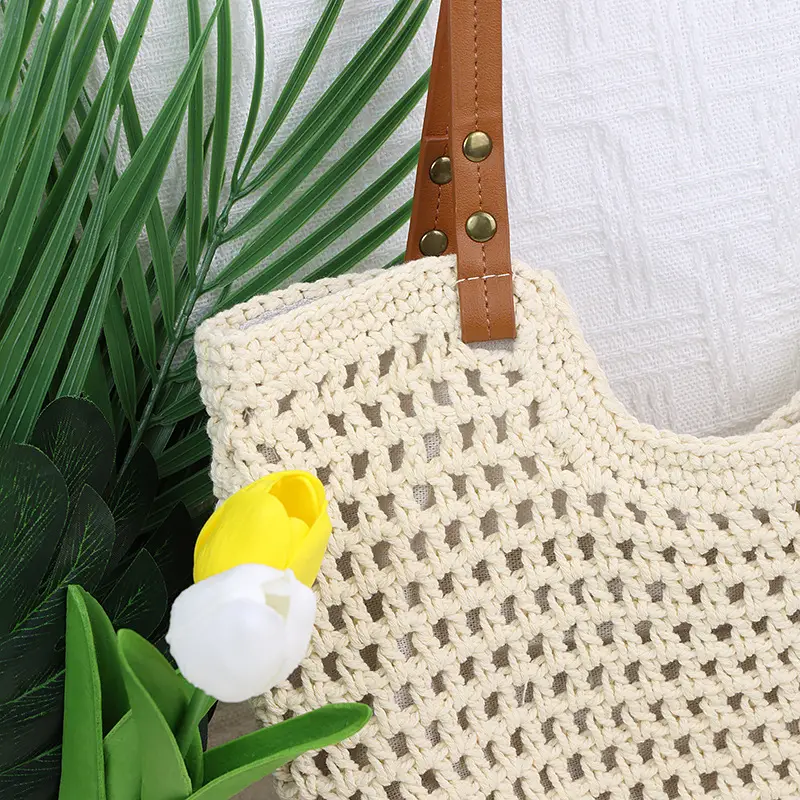 Cotton Thread Cut Out One Shoulder Bag Lazy Style Satchel Beach Bag — feature 10