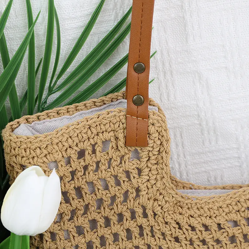 Cotton Thread Cut Out One Shoulder Bag Lazy Style Satchel Beach Bag — feature 11