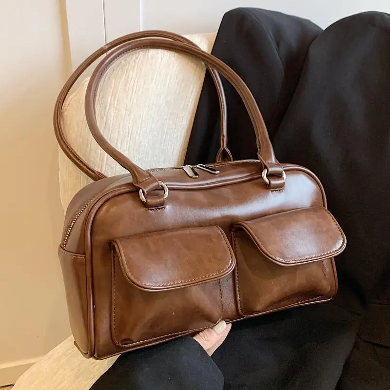 Women's 2024 Brown Leather Shoulder Bag with Cute Charm
