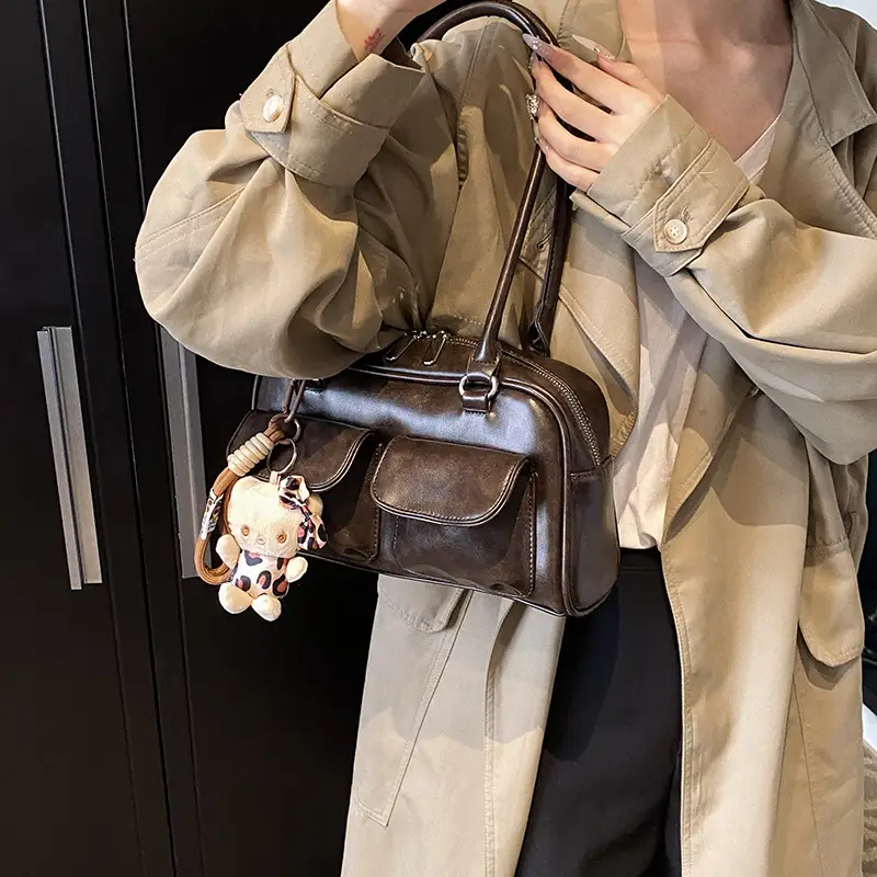 Women's 2024 Brown Leather Shoulder Bag with Cute Charm