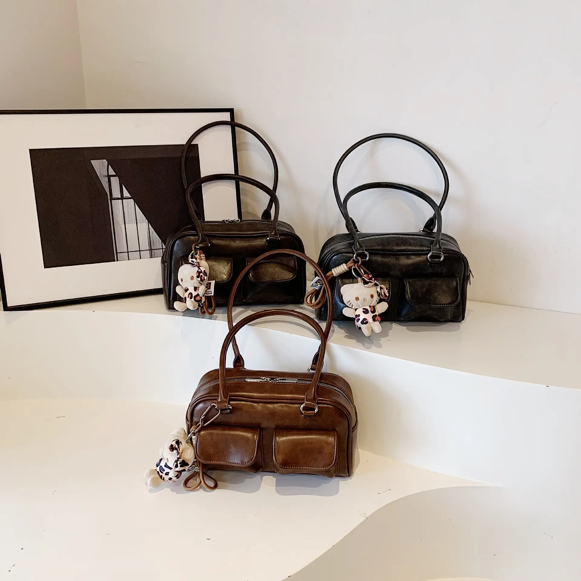 Women's 2024 Brown Leather Shoulder Bag with Cute Charm