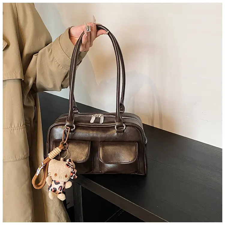 Women's 2024 Brown Leather Shoulder Bag with Cute Charm — feature 11