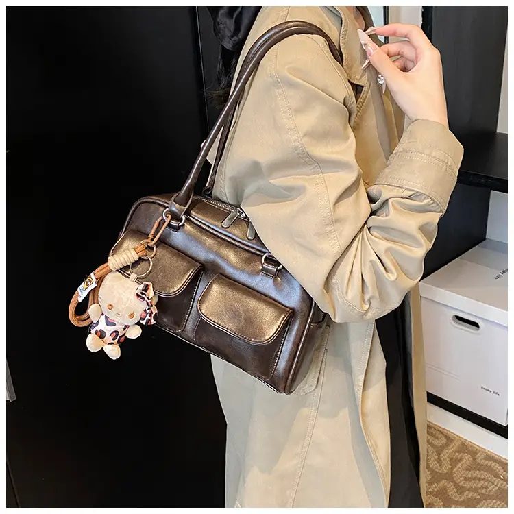 Women's 2024 Brown Leather Shoulder Bag with Cute Charm — feature 12