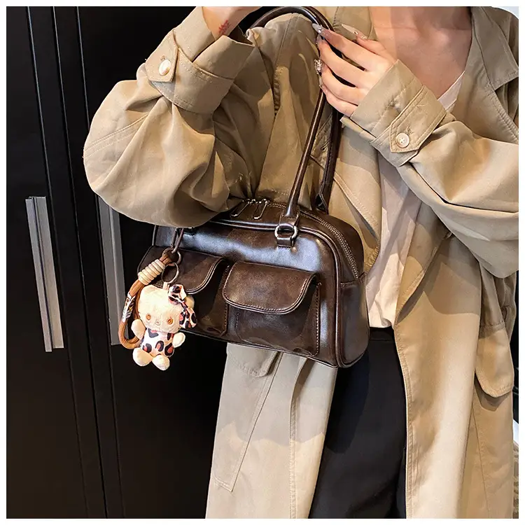 Women's 2024 Brown Leather Shoulder Bag with Cute Charm — feature 13