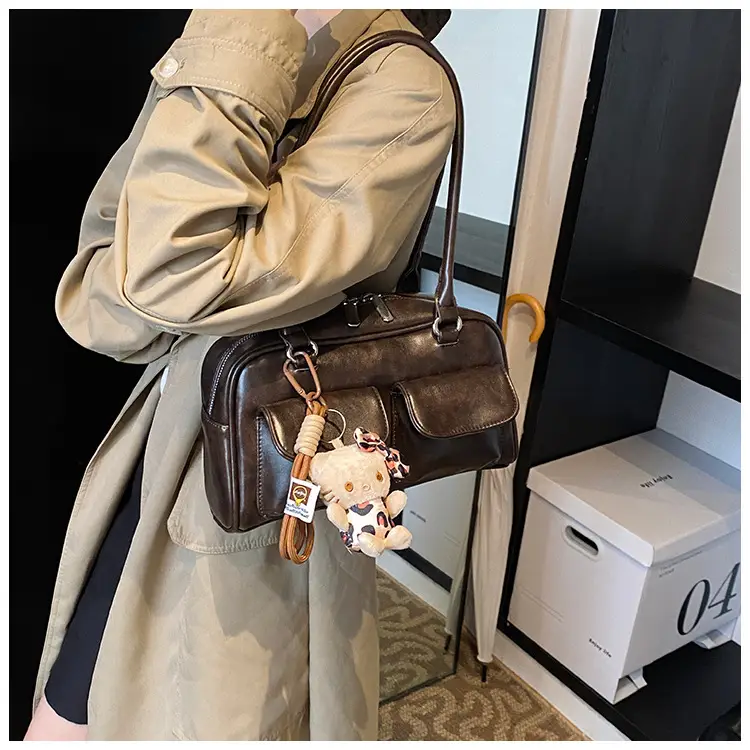 Women's 2024 Brown Leather Shoulder Bag with Cute Charm — feature 14