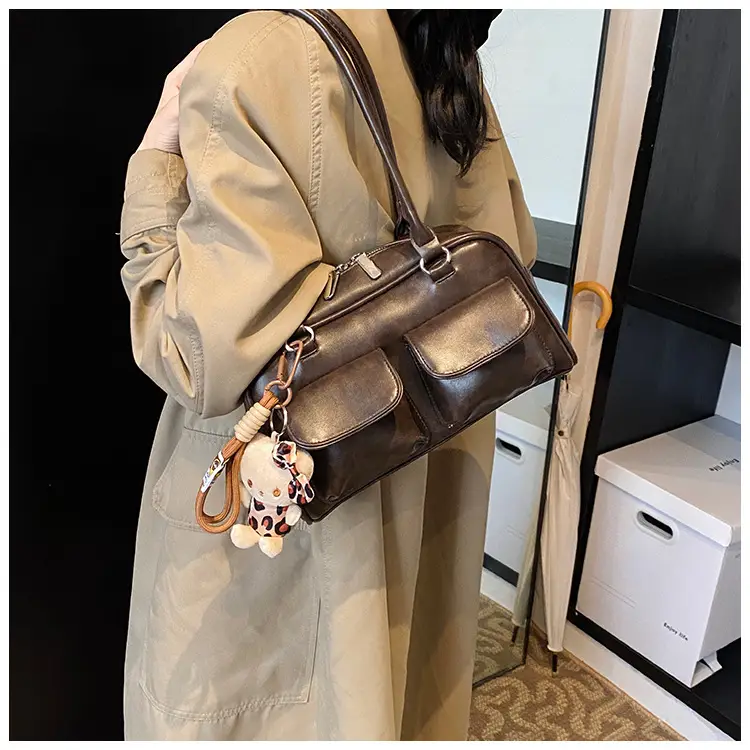 Women's 2024 Brown Leather Shoulder Bag with Cute Charm — feature 15