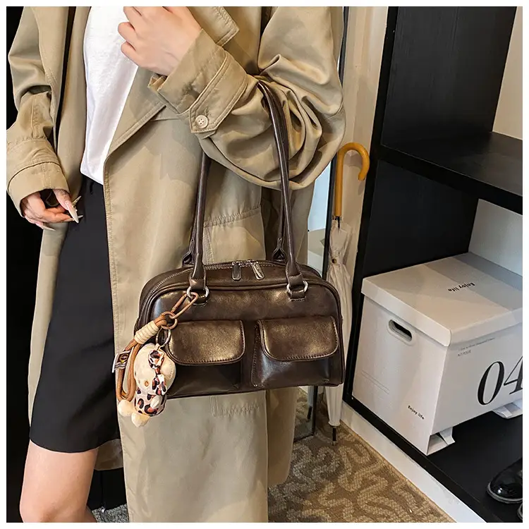 Women's 2024 Brown Leather Shoulder Bag with Cute Charm — feature 16