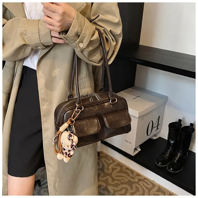 Women's 2024 Brown Leather Shoulder Bag with Cute Charm — feature 17