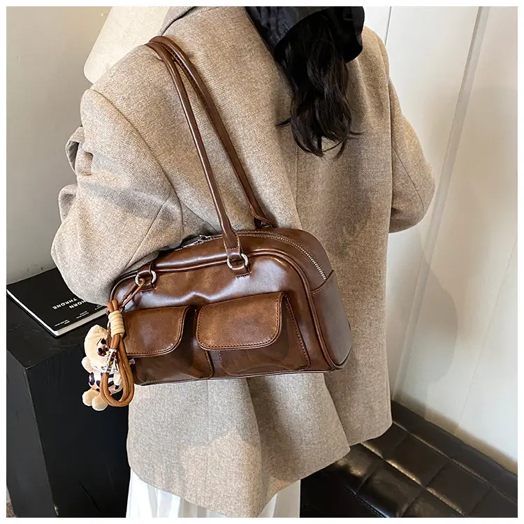 Women's 2024 Brown Leather Shoulder Bag with Cute Charm — feature 18