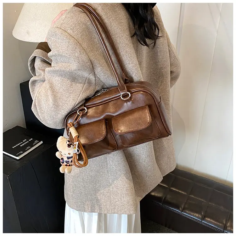 Women's 2024 Brown Leather Shoulder Bag with Cute Charm — feature 19